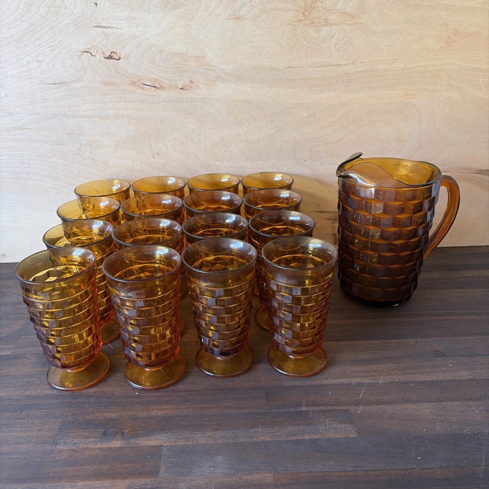Vintage Indiana Whitehall Amber Glass Cubist Pitcher w/ 16 Glasses